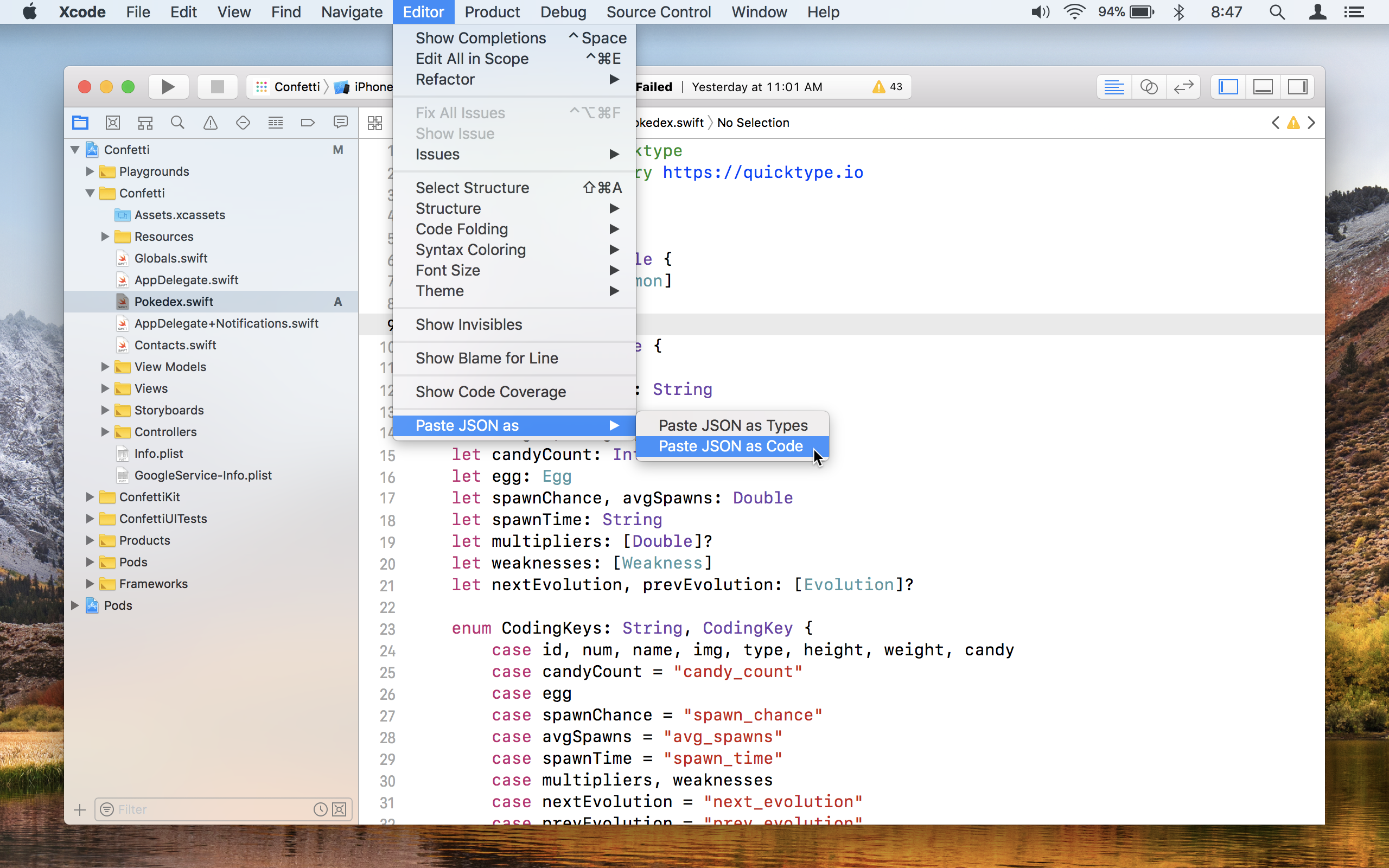 Paste JSON as code in Xcode and Visual Studio